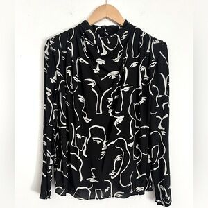 Zara Blouse Top XS Minimalist Face Print Abstract Mockneck Zipper Long Sleeve